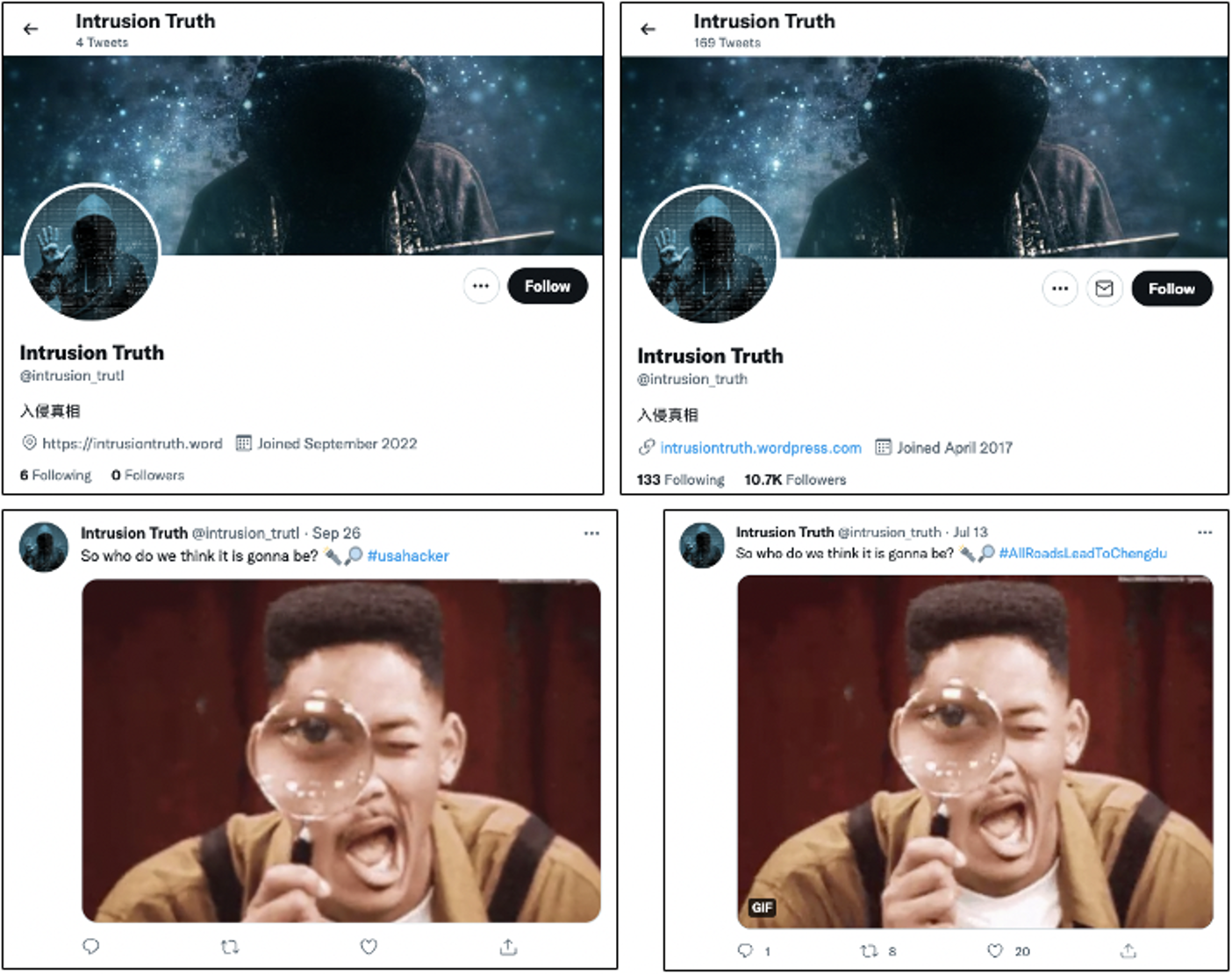 Mastheads of sample DRAGONBRIDGE account (@intrusion_trutl) (top left) impersonating Intrusion Truth (@intrusion_truth) (top right); sample tweet plagiarized and altered by @intrusion_trutl, changing the hashtag to #usahacker (bottom left) from @intrusion_truth’s #AllRoadsLeadToChengdu (bottom right)